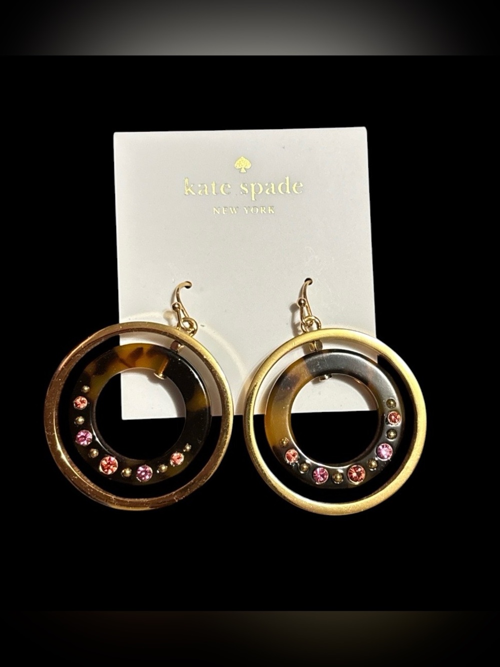 kate spade Gold and Tortoiseshell Hoop Drop Earrings with Pink Stones